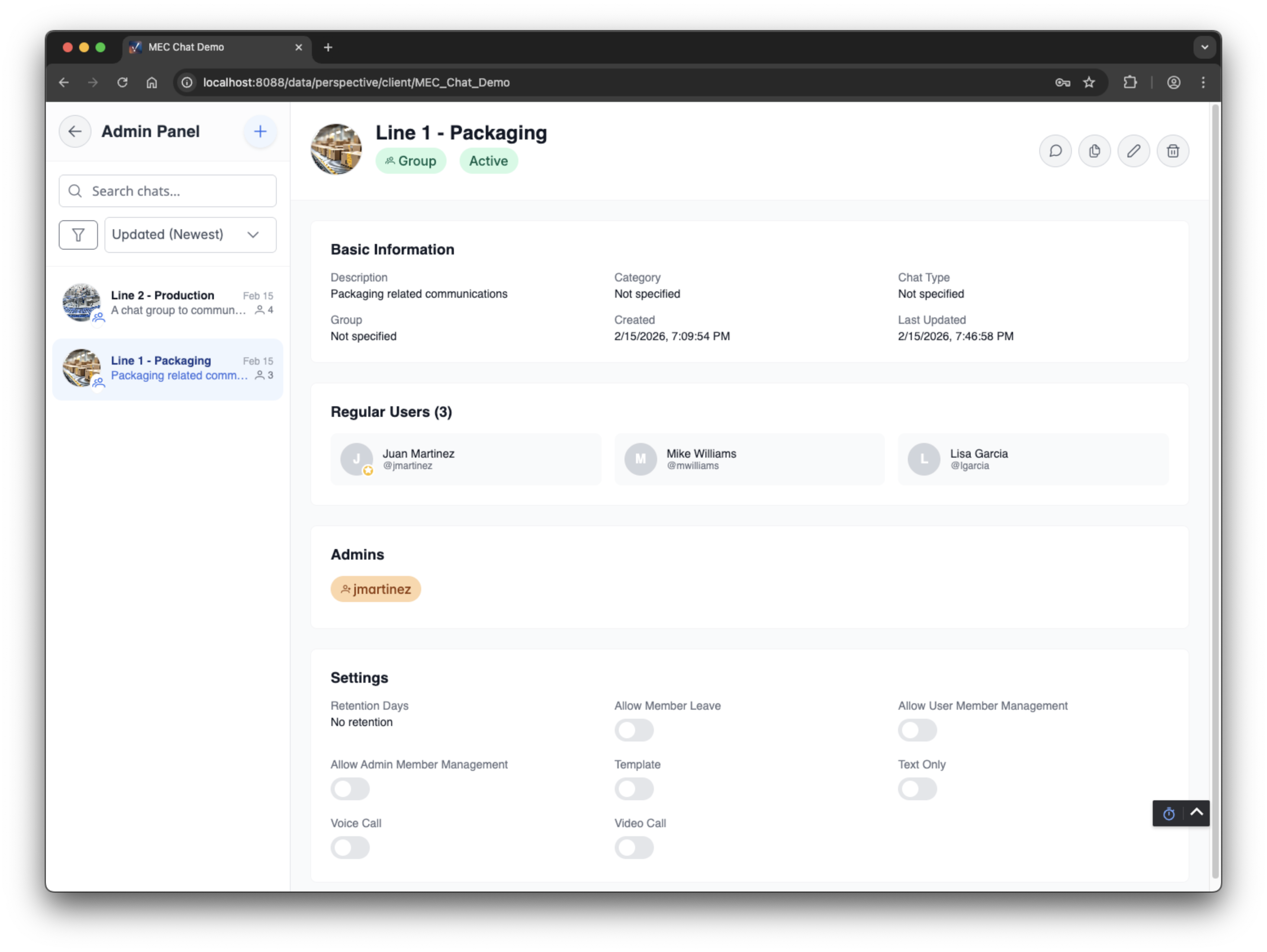 Admin panel for managing chat groups and settings