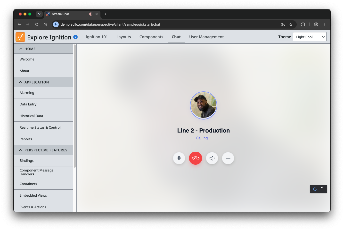 Full-screen outgoing call view with mute, speaker, and minimize controls