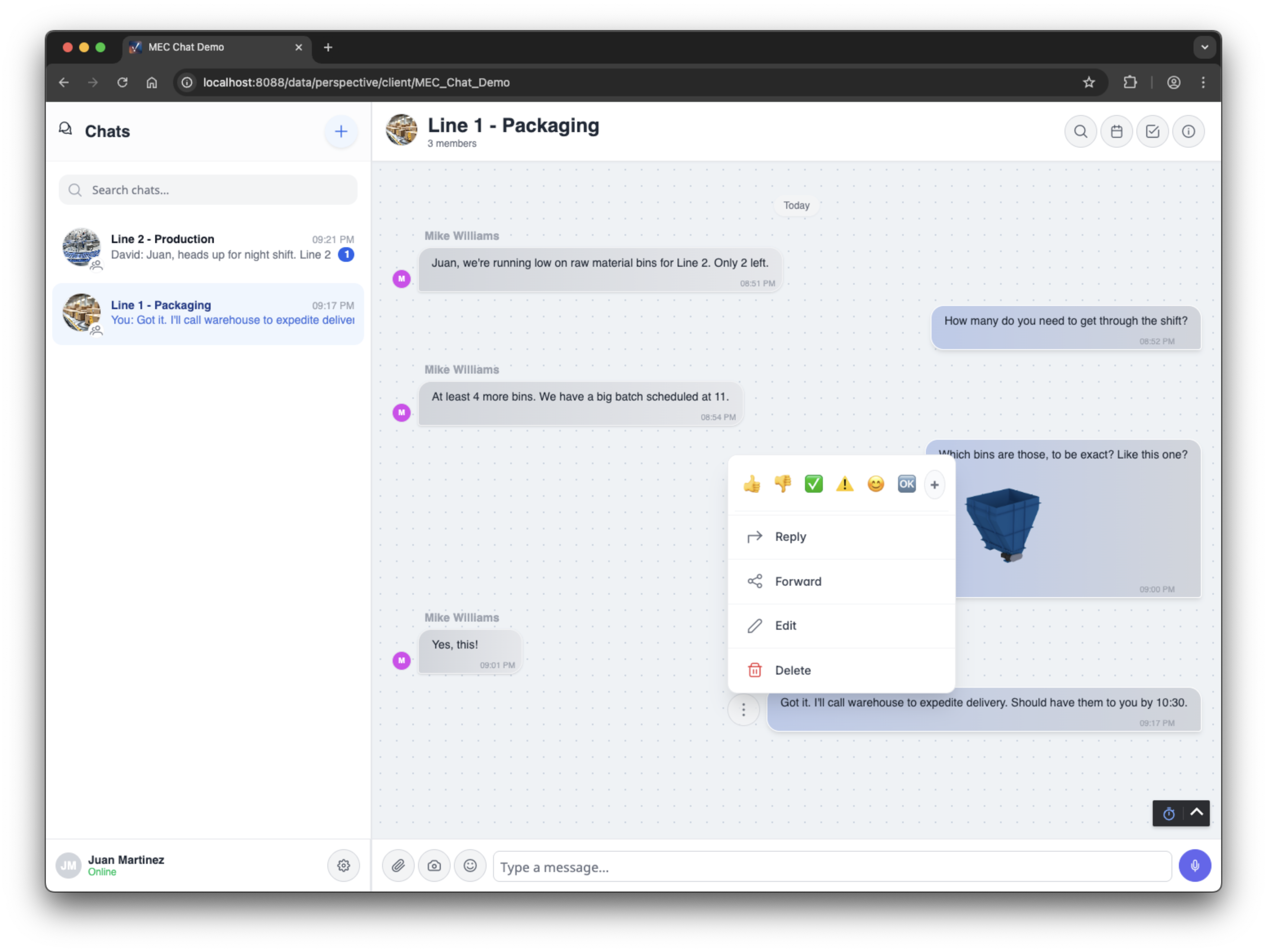 Message actions menu with reply, forward, edit and delete options