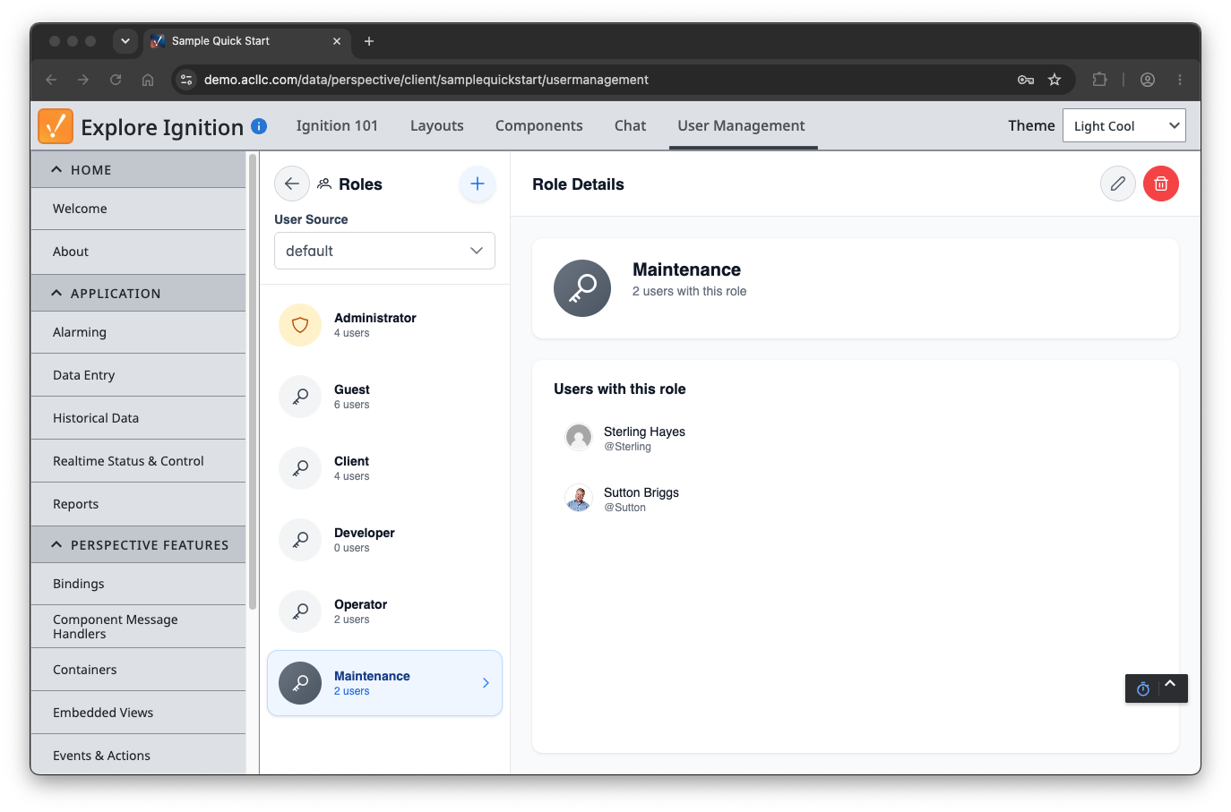 Role details view showing users assigned to the Maintenance role
