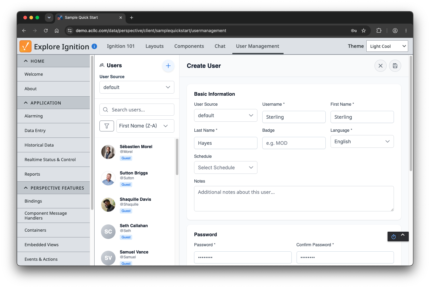 Create user form with username, name, language, schedule, and password fields